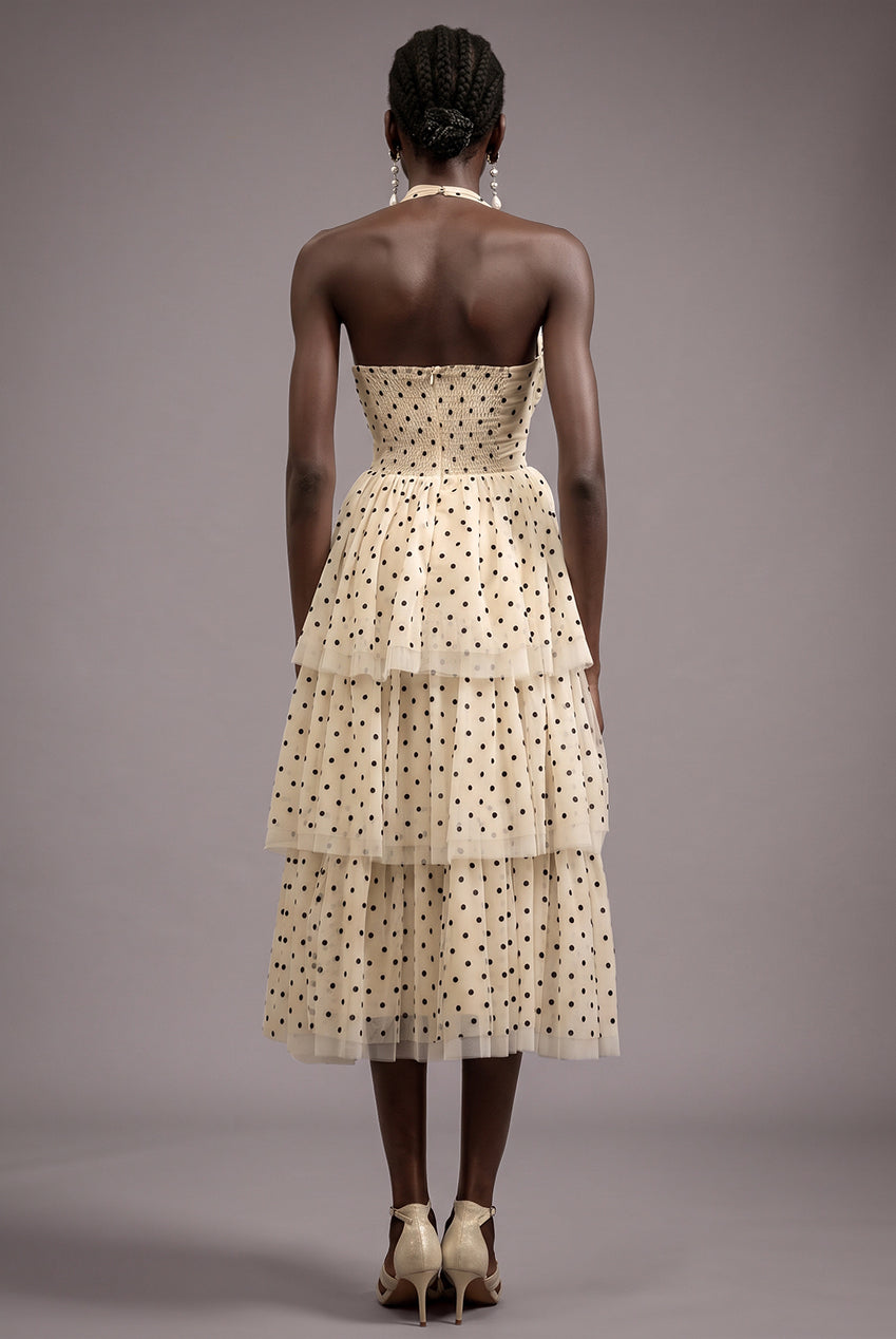 Julieta Sleeveless Dot Printed Layered Folds Midi Dress C250500002