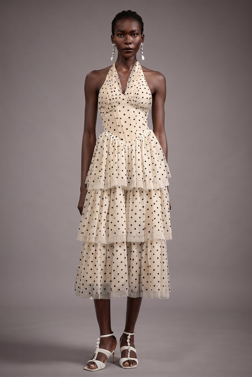 Julieta Sleeveless Dot Printed Layered Folds Midi Dress C250500002