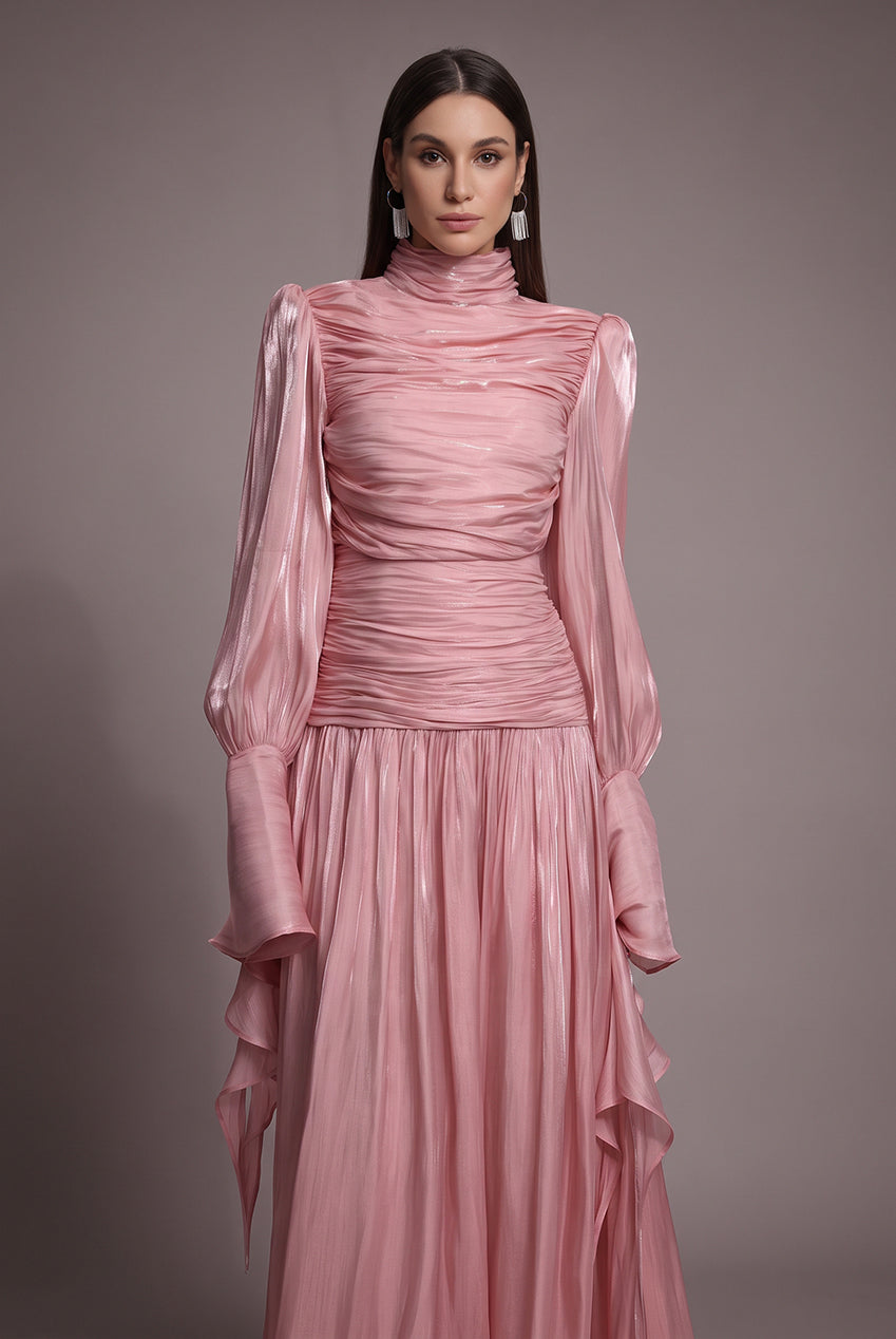 Viky Resort Waist-Defining Long Sleeve Ruched Woven Dark Pink Maxi Dress C251000034