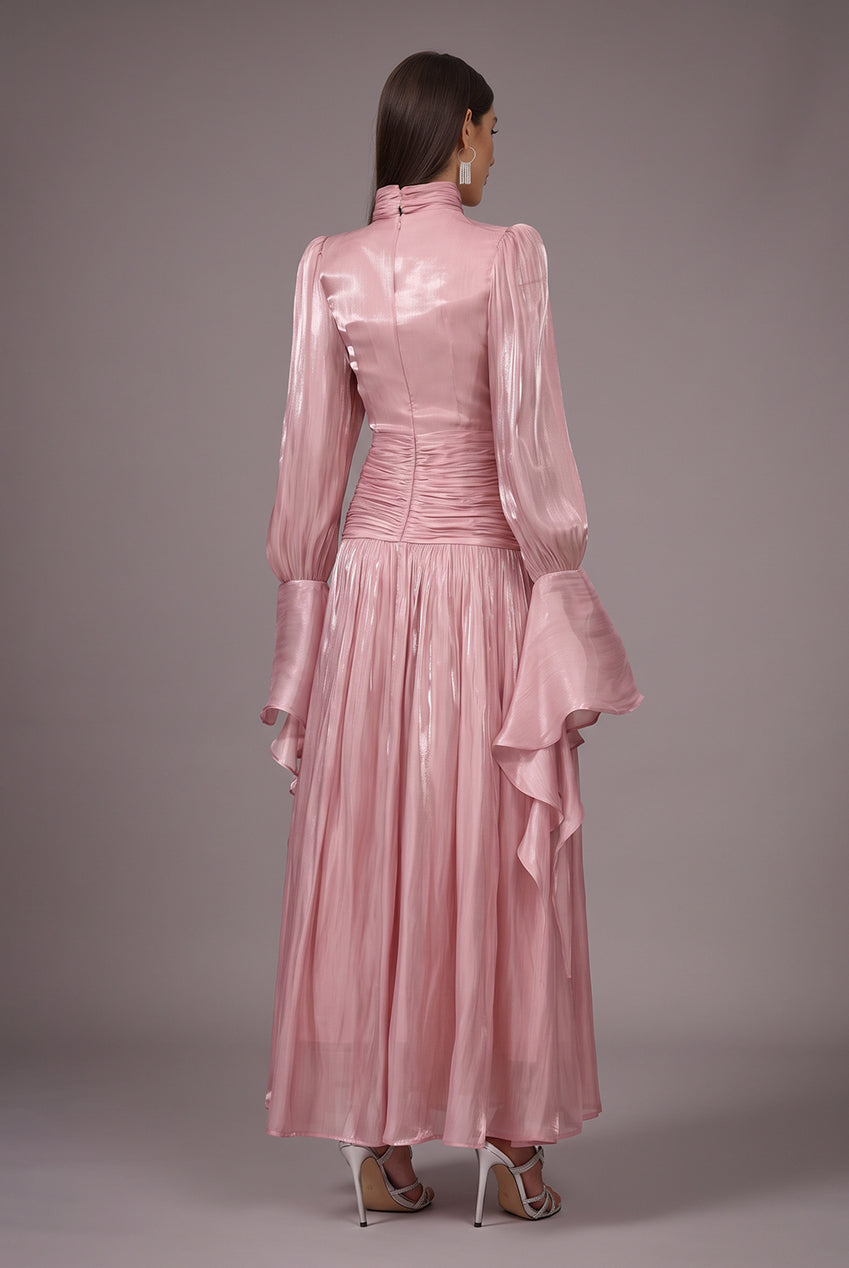 Viky Resort Waist-Defining Long Sleeve Ruched Woven Dark Pink Maxi Dress C251000034