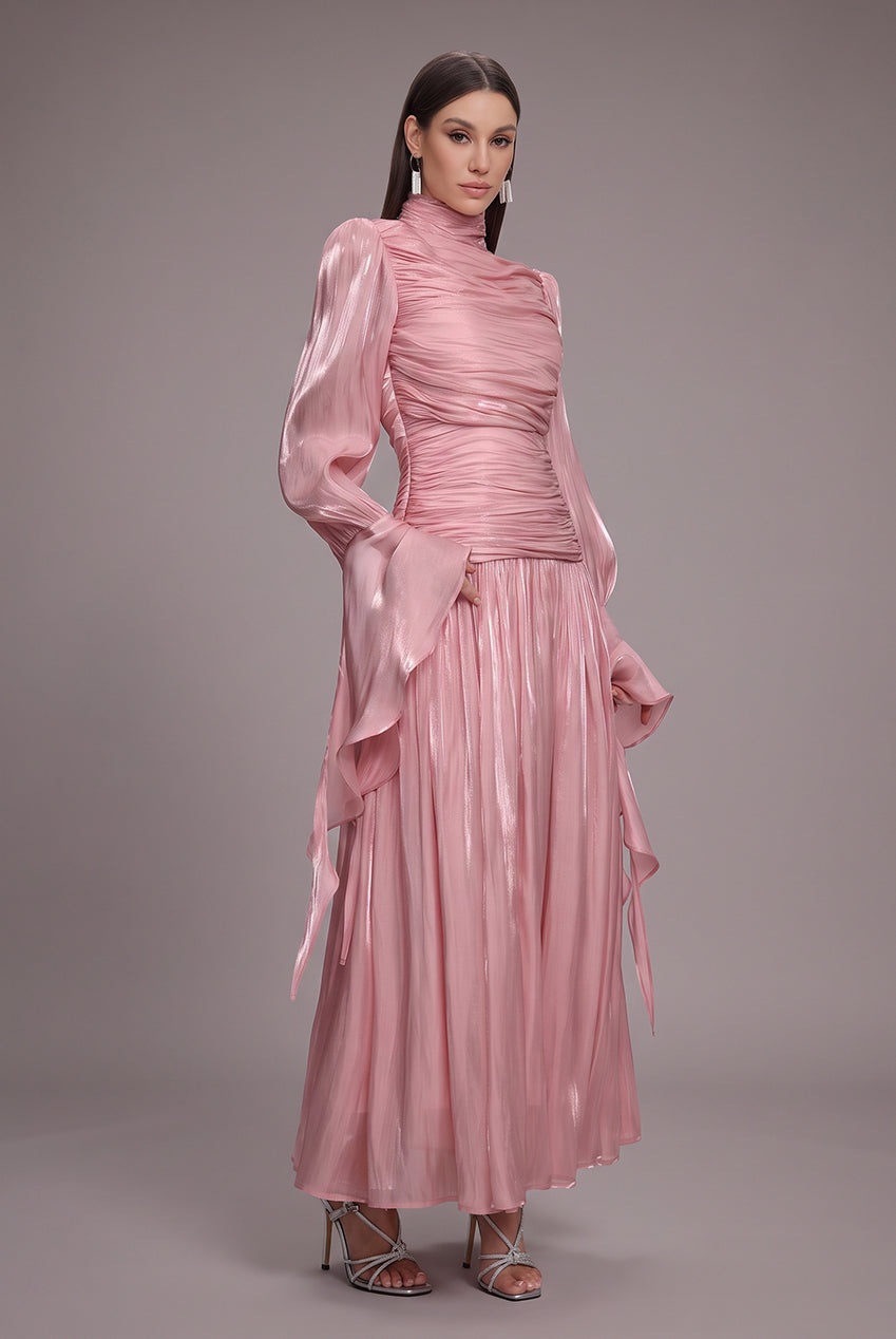 Viky Resort Waist-Defining Long Sleeve Ruched Woven Dark Pink Maxi Dress C251000034