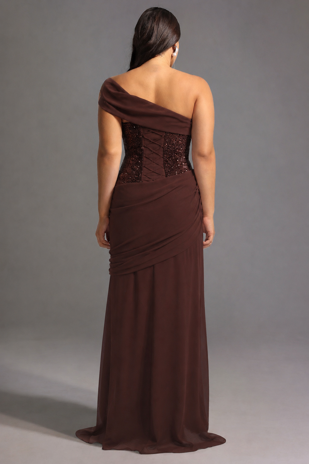 Naleza Chic Contour Off Shoulder Asymmetric Ruched Sequin Maxi Dress D260101220