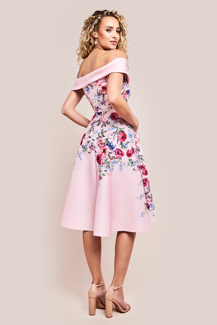 Scuba Foam Floral Bardot Midi Dress - Blush DR4302