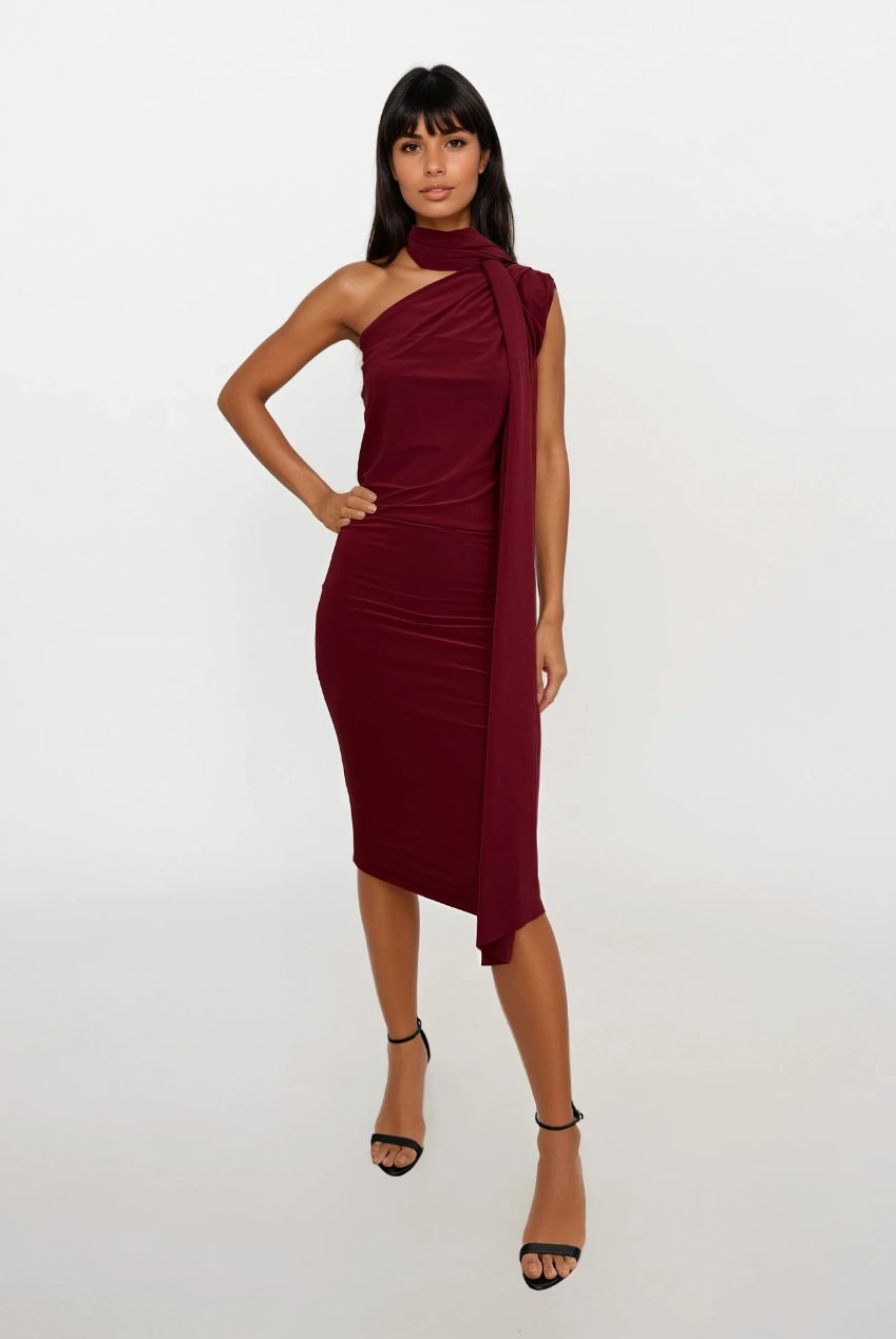 Callie Berry One Shoulder Midi Dress With Tie Scarf And Gold Buckle CALLIE-BERRY-MIDI