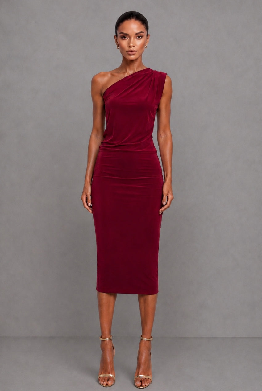 Callie Berry One Shoulder Midi Dress With Tie Scarf And Gold Buckle CALLIE-BERRY-MIDI