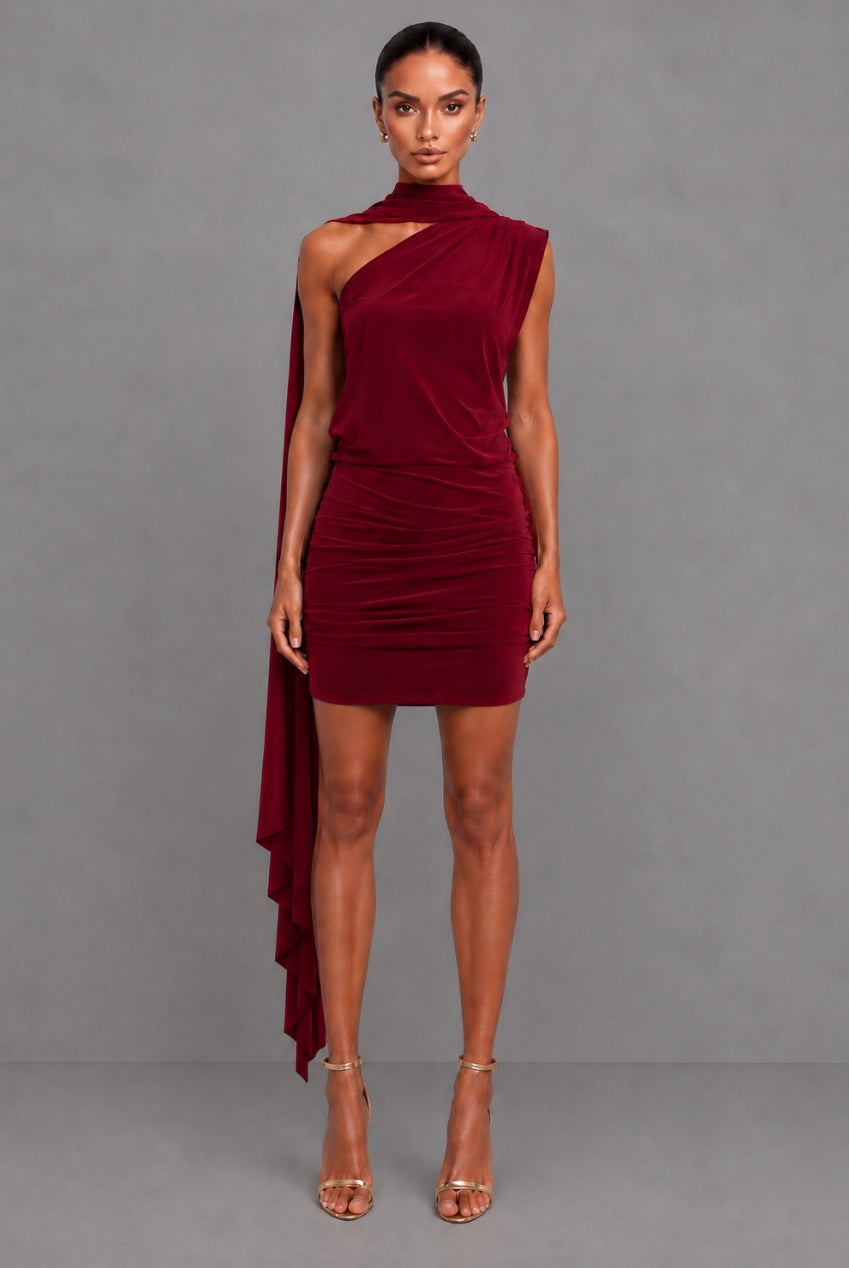 Callie Berry One Shoulder Midi Dress With Tie Scarf And Gold Buckle CALLIE-BERRY-MIDI