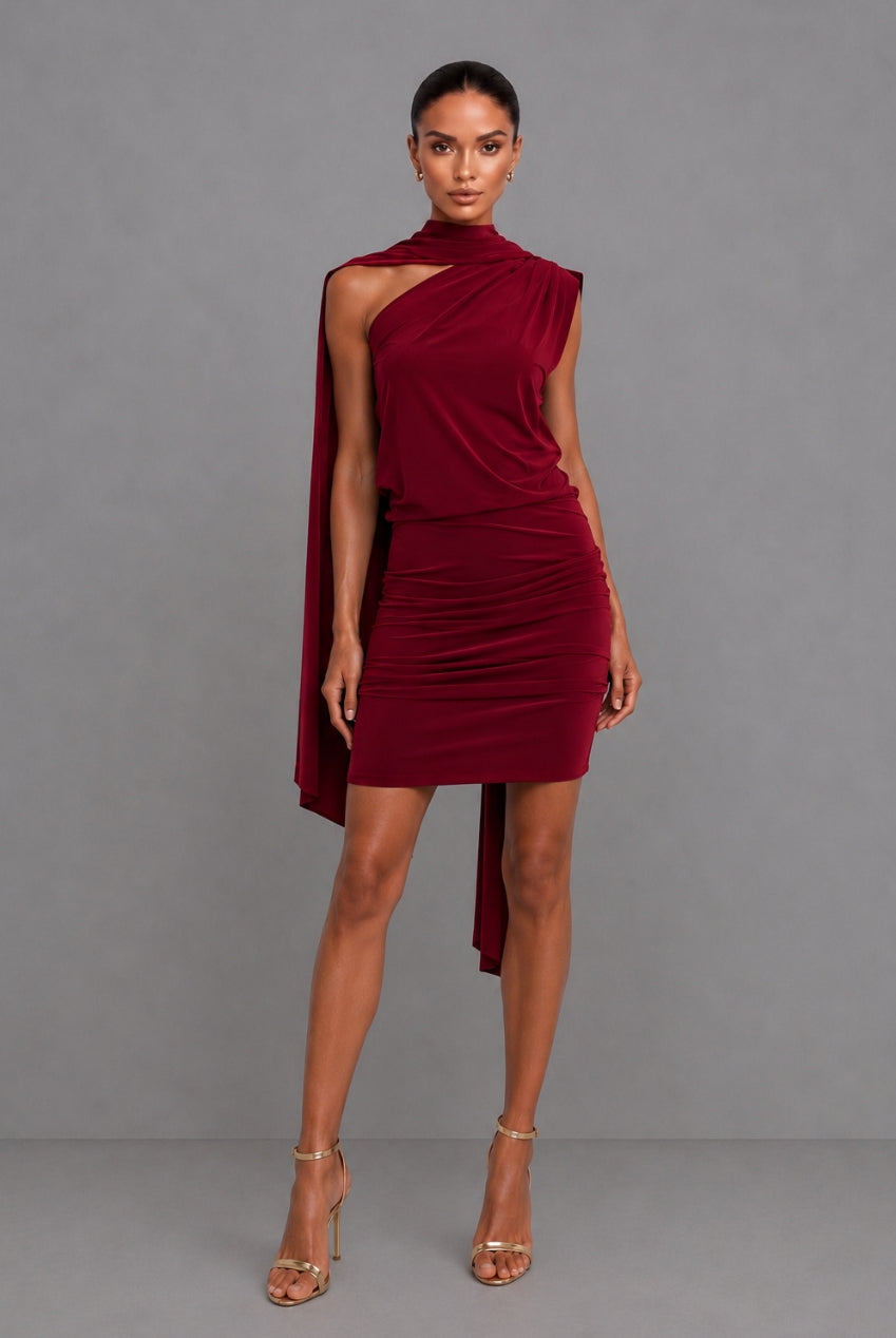 Callie Berry One Shoulder Midi Dress With Tie Scarf And Gold Buckle CALLIE-BERRY-MIDI