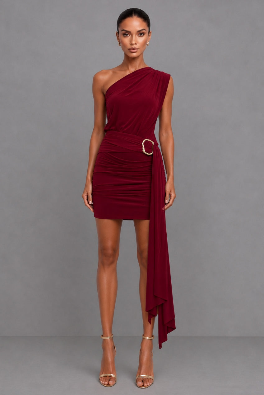 Callie Berry One Shoulder Midi Dress With Tie Scarf And Gold Buckle CALLIE-BERRY-MIDI