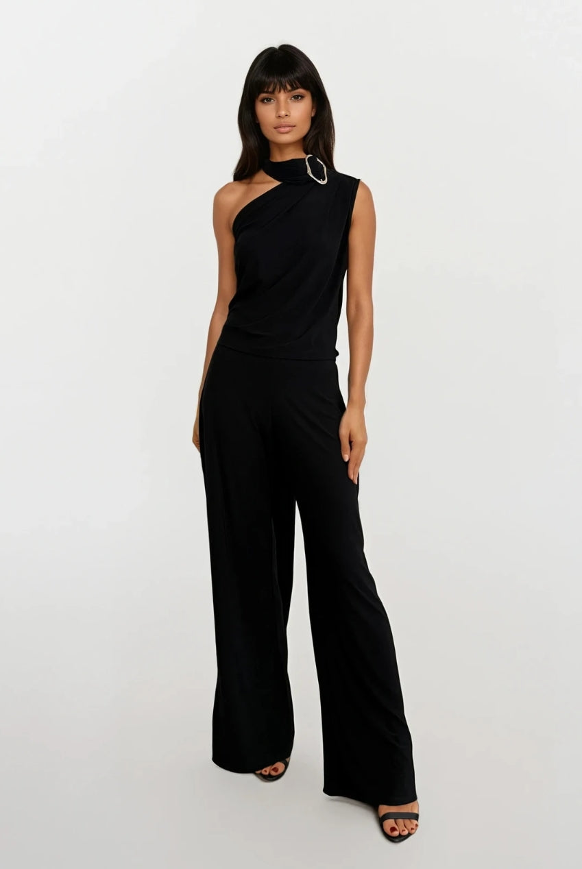 Callie Black One Shoulder Jumpsuit With Tie Scarf And Gold Buckle CALLIE-BLACK-JUMPSUIT