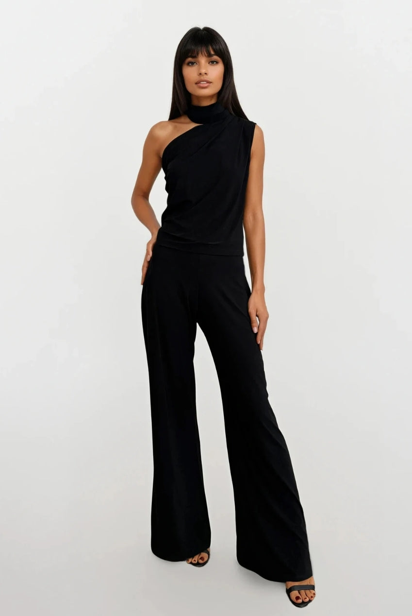 Callie Black One Shoulder Jumpsuit With Tie Scarf And Gold Buckle CALLIE-BLACK-JUMPSUIT