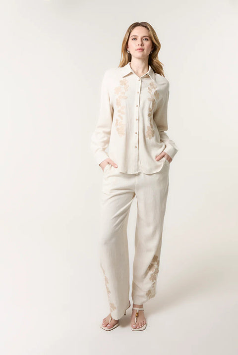 Linen Flower Embroidery Blouse by Blue Vanilla