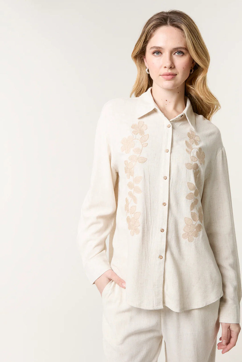 Linen Flower Embroidery Blouse CC2494BV241A