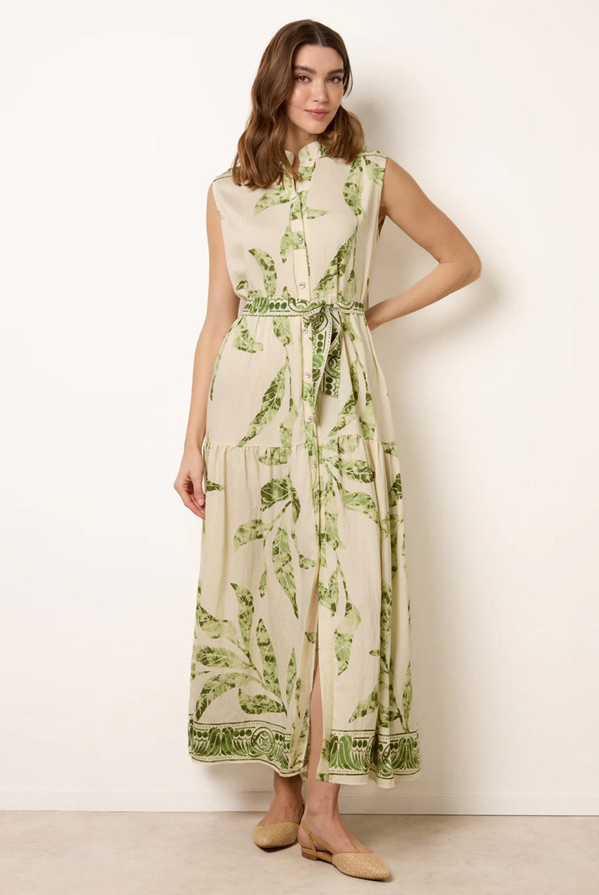 Leaf Print Collarless Shirt Dress With Belted Waist CC2704BV023