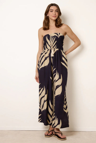 Navy - Printed Bandeau Tie Neck Shirred Jumpsuit by Blue Vanilla