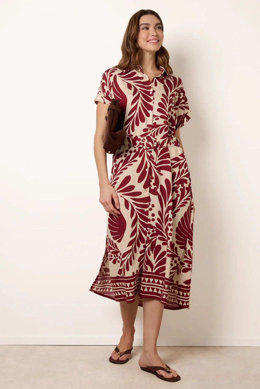 Tropical Leaf Print Belted Shirt Dress CC2706BV034