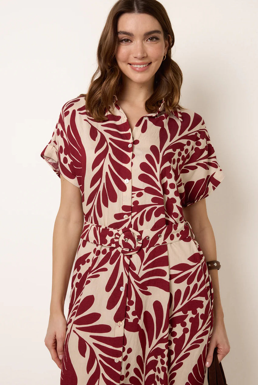 Tropical Leaf Print Belted Shirt Dress CC2706BV034