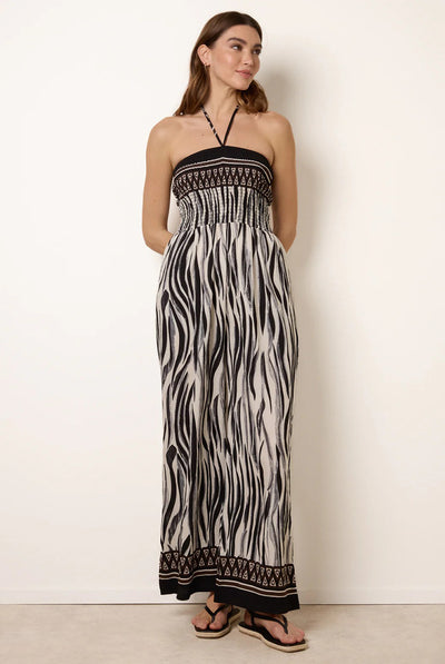 Black - Zebra Print Halter Neck Shirred Waist Jumpsuit by Blue Vanilla