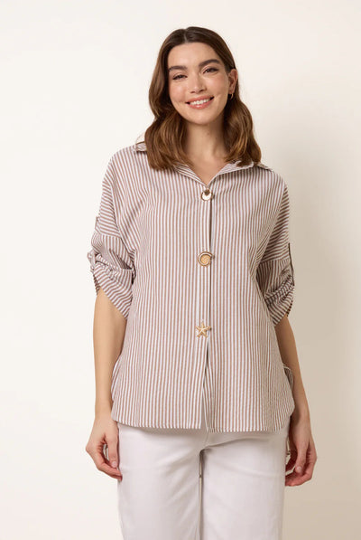Taupe - Gold Shell Button Front Stripe Shirt by Blue Vanilla