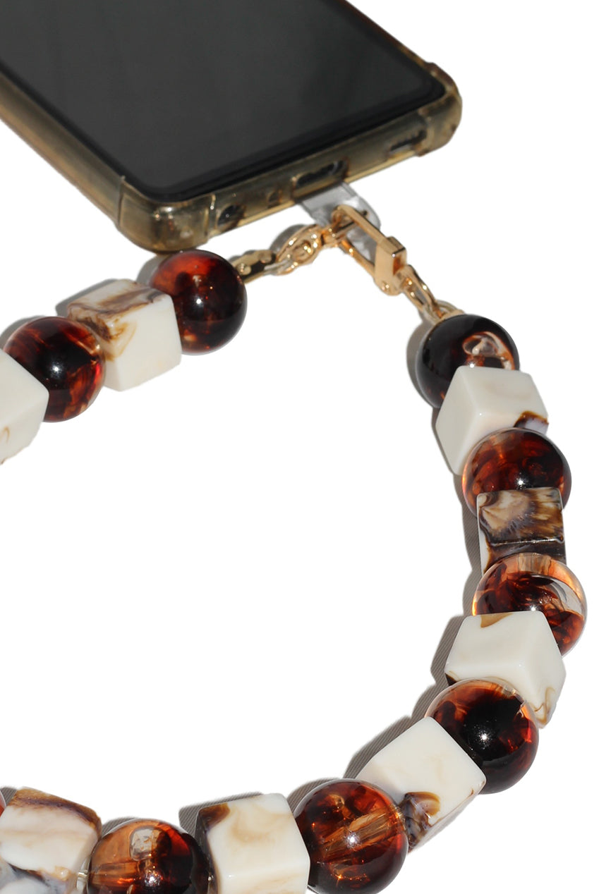 Square & Ball Style Acrylic Phone Strap - White & Brown CHP-010-3
