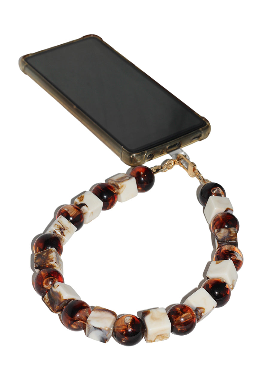 Square & Ball Style Acrylic Phone Strap - White & Brown CHP-010-3
