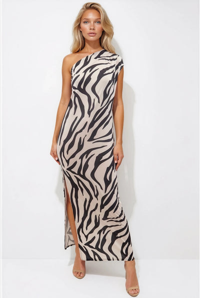 Zebraprint - Cleo Zebra Animal Print One Shoulder Maxi Dress by Honor Gold