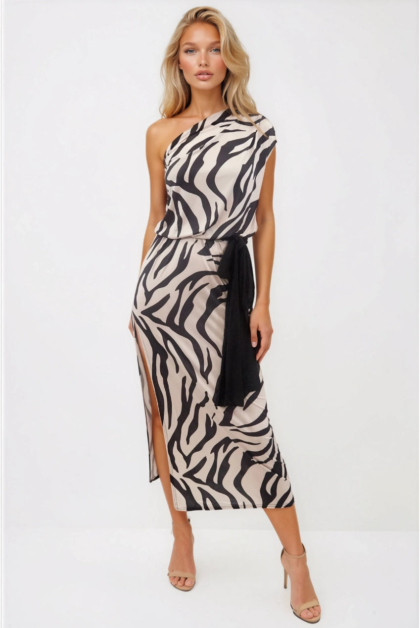 Cleo Zebra Animal Print One Shoulder Maxi Dress CLEO-ZEBRA-MAXI
