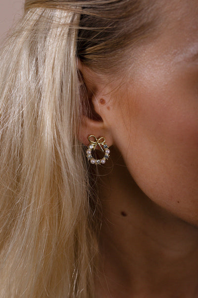 Gold - Pearl & Diamante Bow Wreath Stud Earrings - Gift Boxed by SVNX