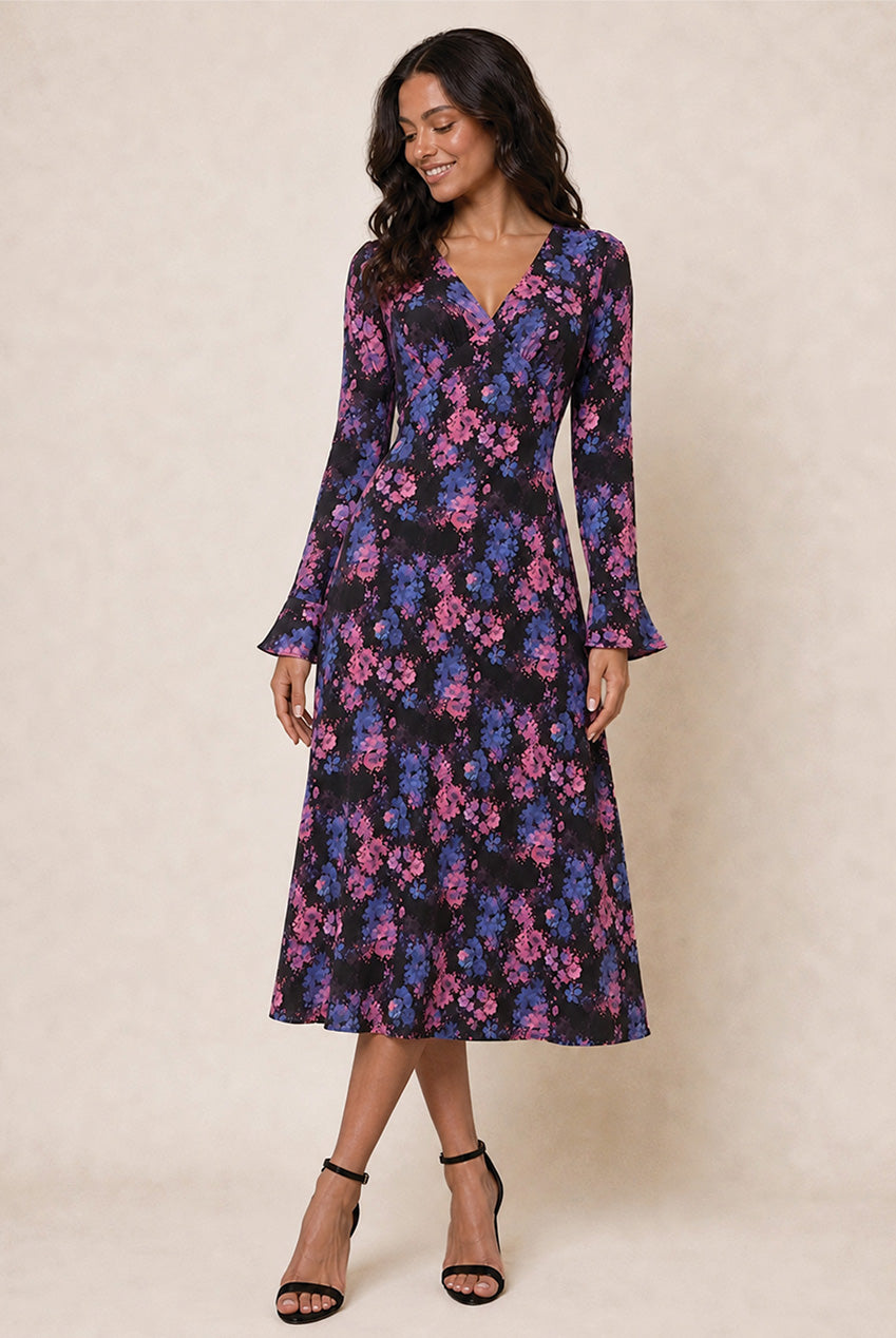 Long Sleeve V Neck Floral Print Midi Dress In Black CT1005BK
