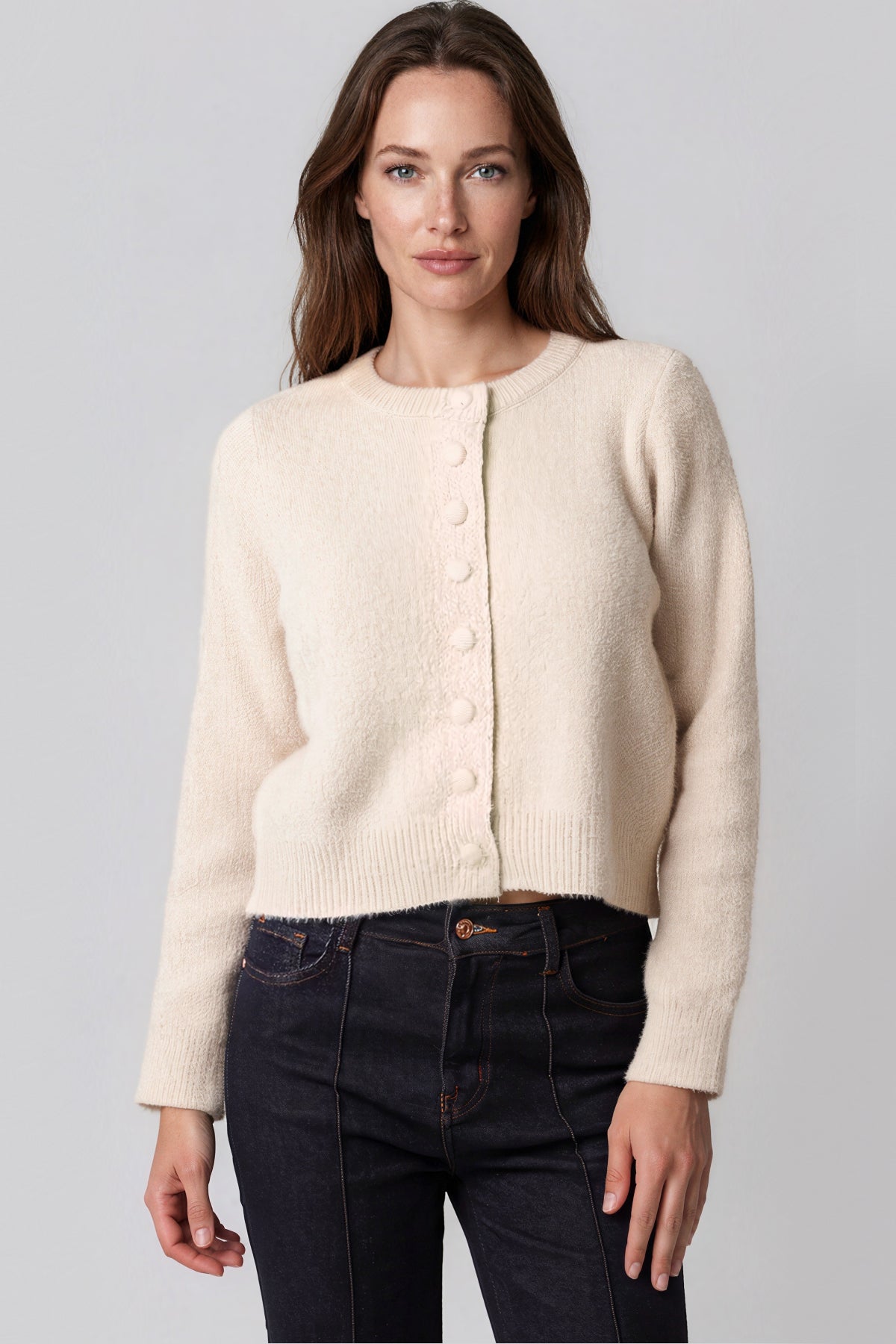 Beige Cropped Soft Knit Cardigan ALQD3961001