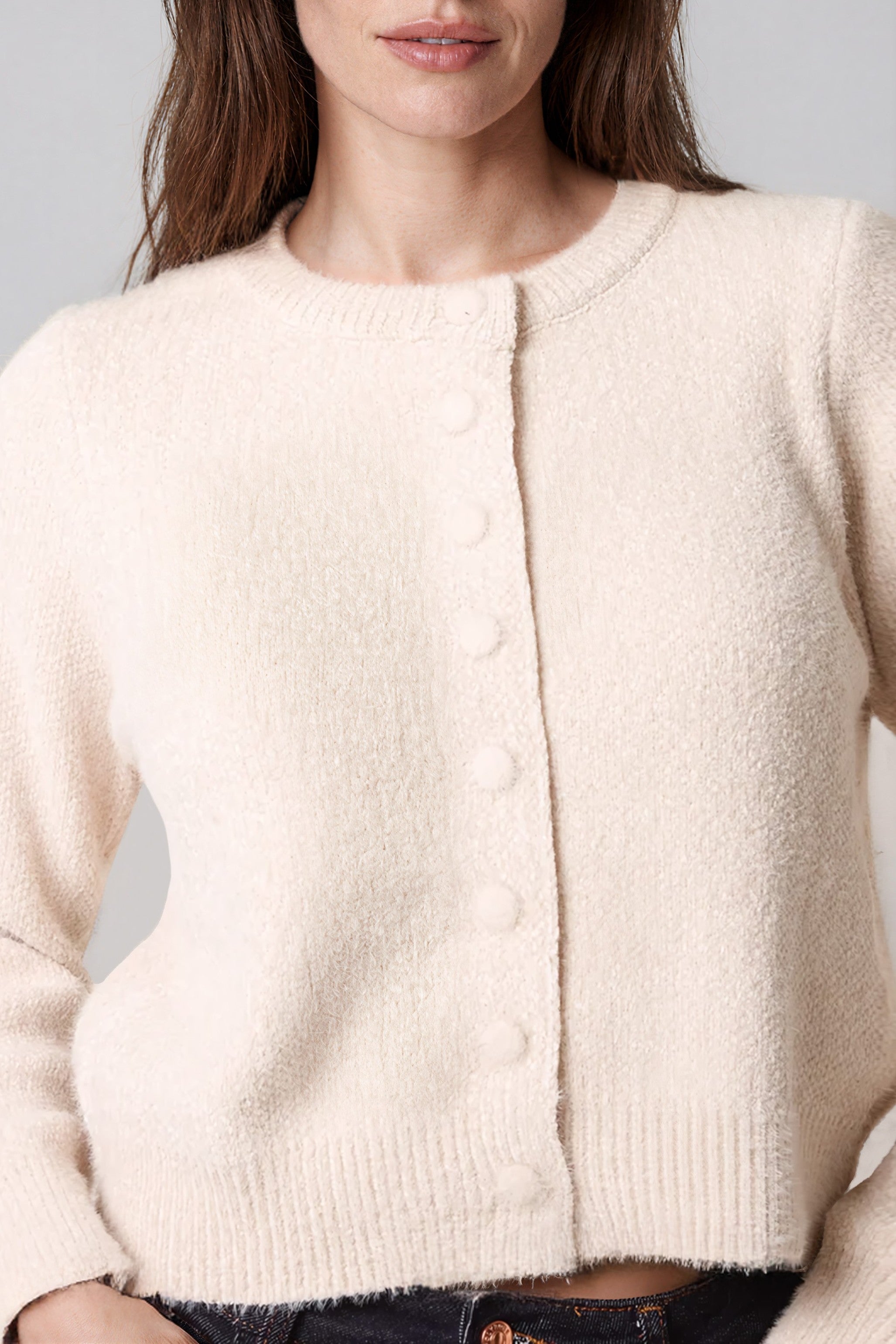 Beige Cropped Soft Knit Cardigan ALQD3961001