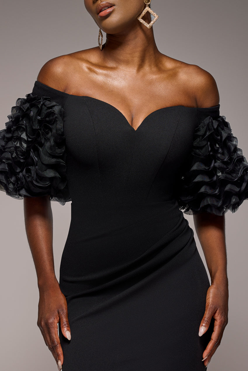 Off The Shoulder 3D Puffed Sleeve Sweetheart Maxi Dress - Black DR4637