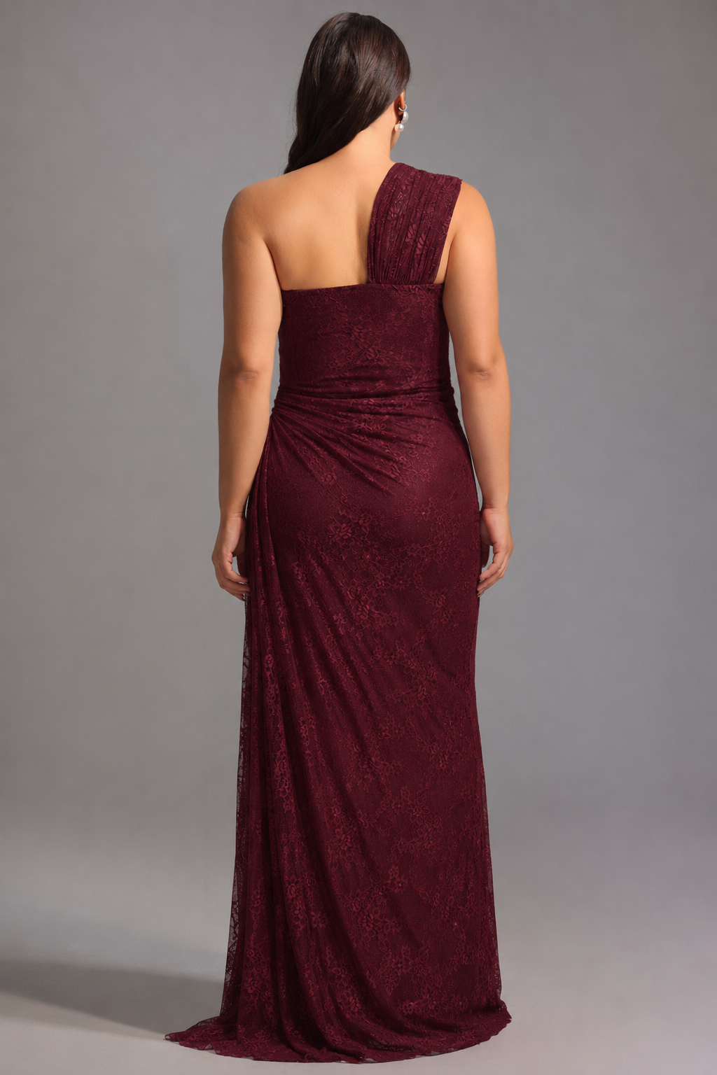 Finch Romantic Contour Sleeveless Ruched Lace Knit Maxi Dress D251201442-Red