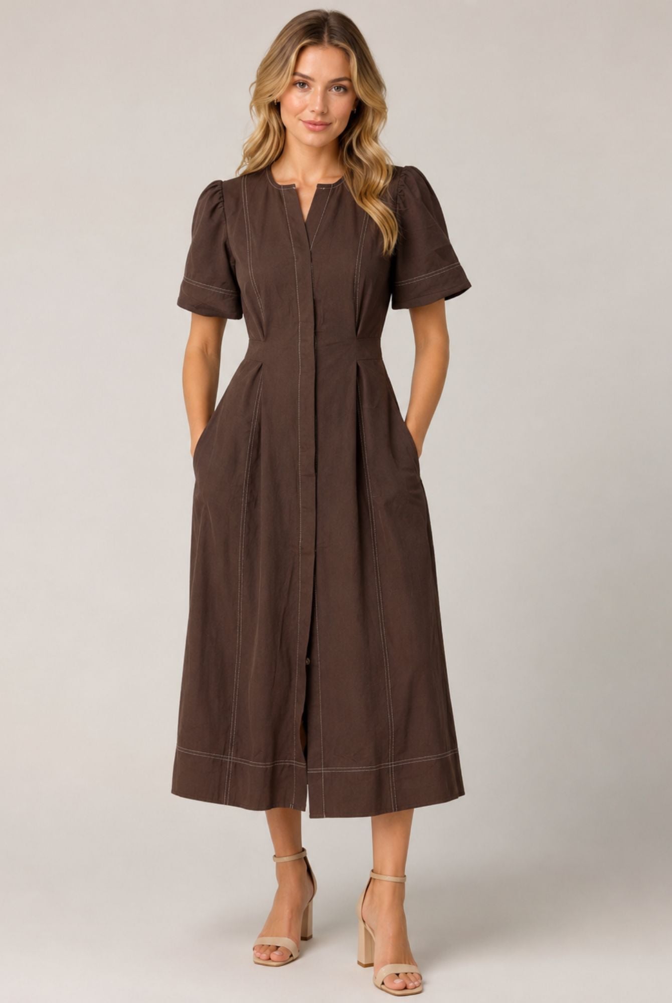 Chocolate Brown Gathered Short Sleeve Midi Dress AVCH-GLD26142
