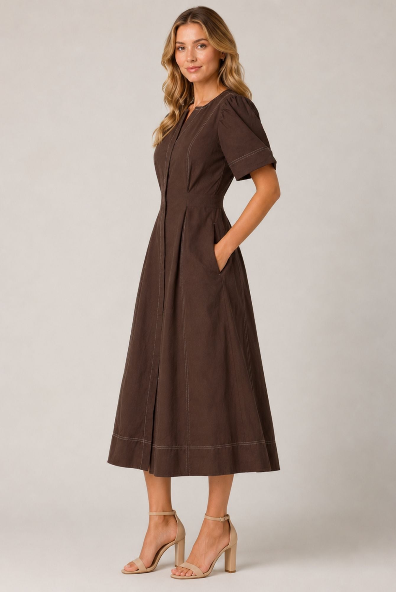 Chocolate Brown Gathered Short Sleeve Midi Dress AVCH-GLD26142