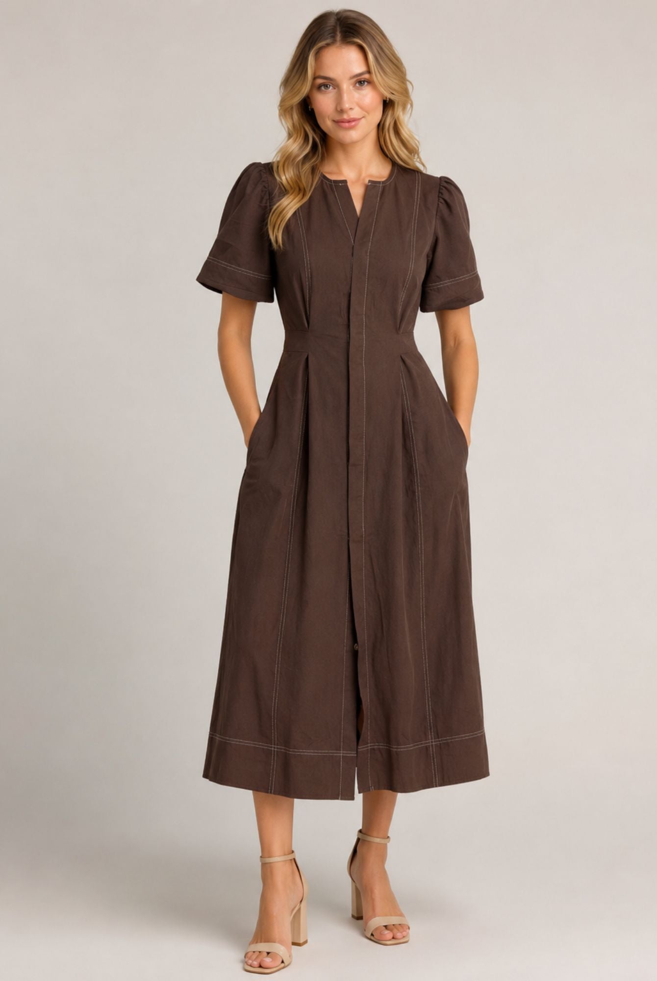 Chocolate Brown Gathered Short Sleeve Midi Dress AVCH-GLD26142