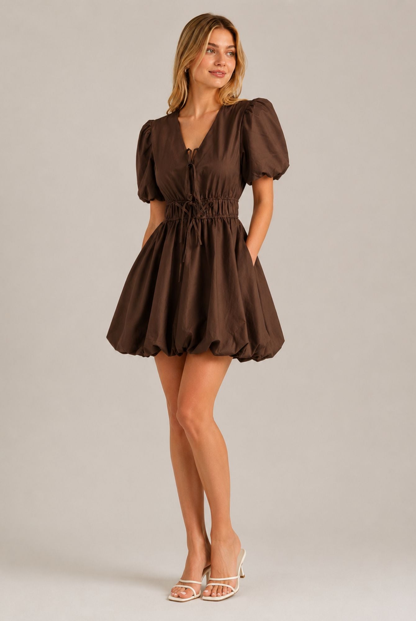 Chocolate Brown Puff Sleeve Tie Front Ruched Waist Mini Dress AVCH-GLD26147