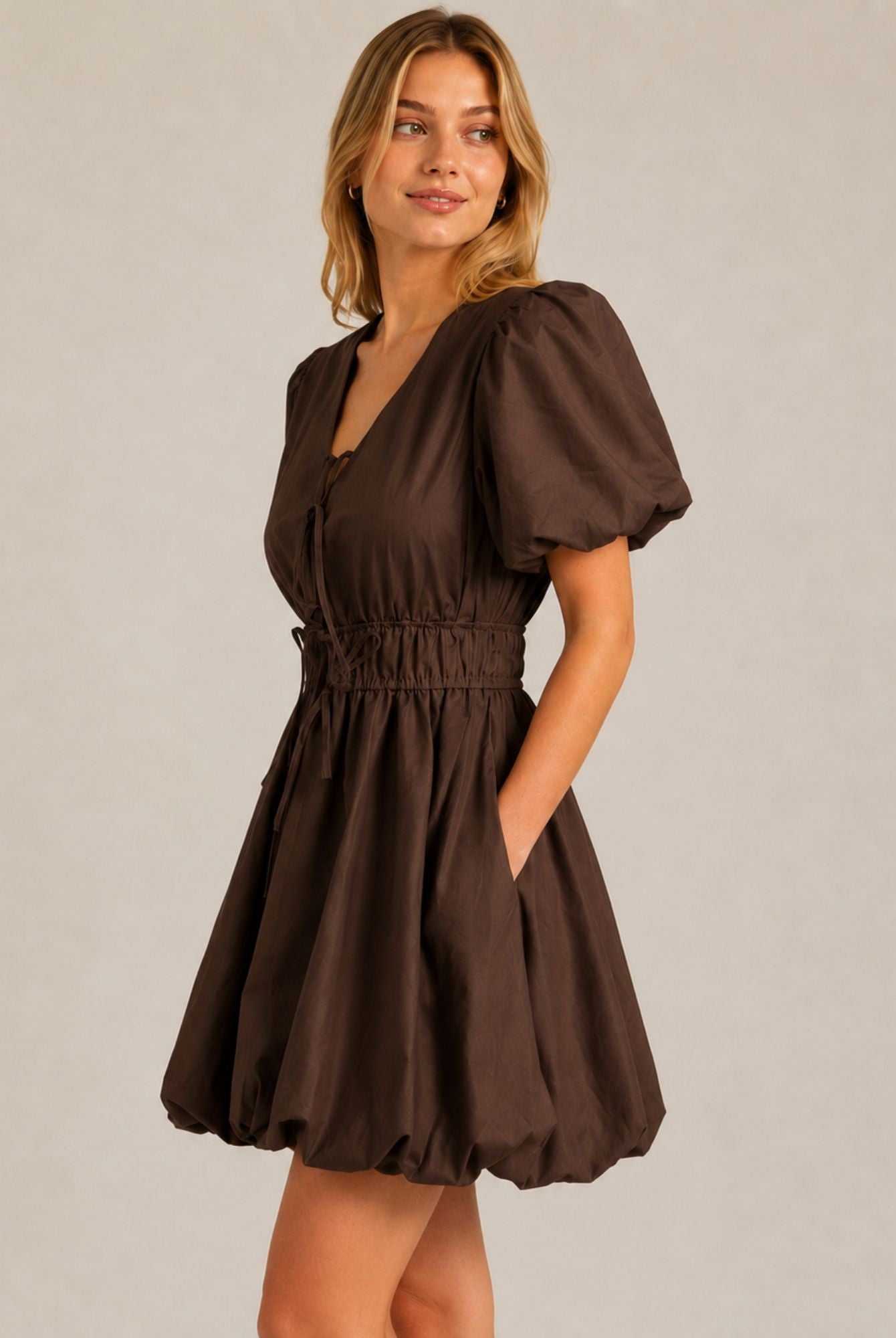 Chocolate Brown Puff Sleeve Tie Front Ruched Waist Mini Dress AVCH-GLD26147