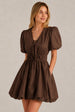 Chocolate Brown Puff Sleeve Tie Front Ruched Waist Mini Dress by Avinci