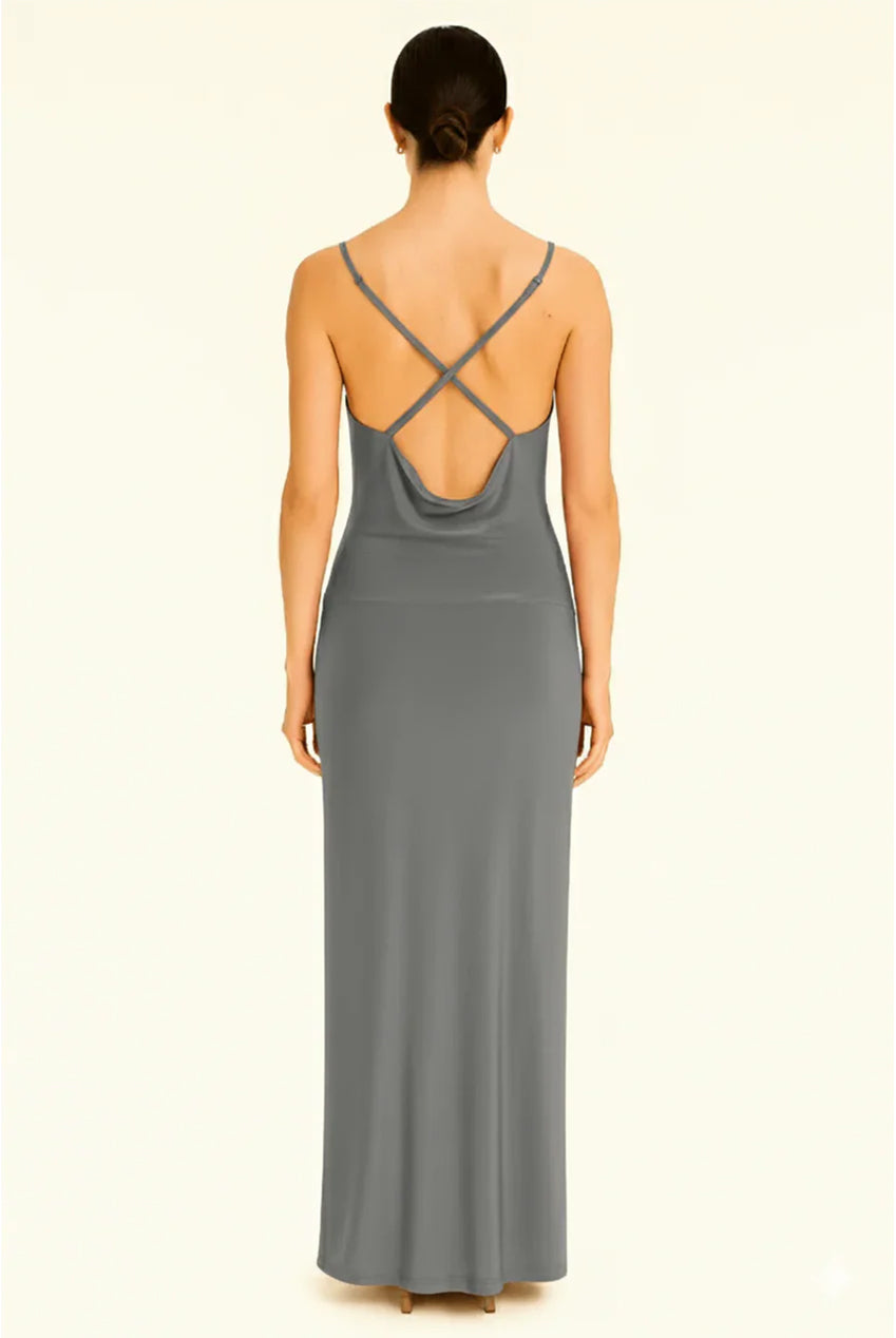 Grey Cowl Neckline Figure-Flattering Spaghetti Strap Dress AV-IMD2522