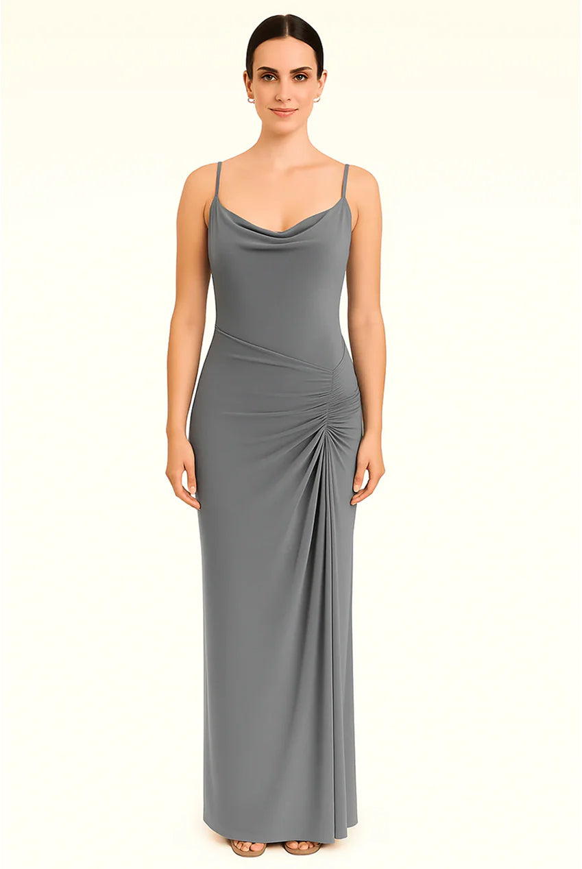 Grey Cowl Neckline Figure-Flattering Spaghetti Strap Dress AV-IMD2522