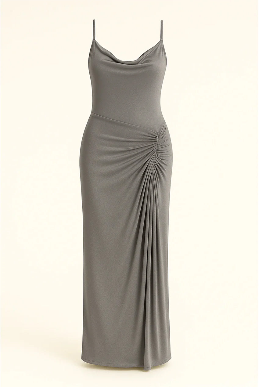 Grey Cowl Neckline Figure-Flattering Spaghetti Strap Dress AV-IMD2522