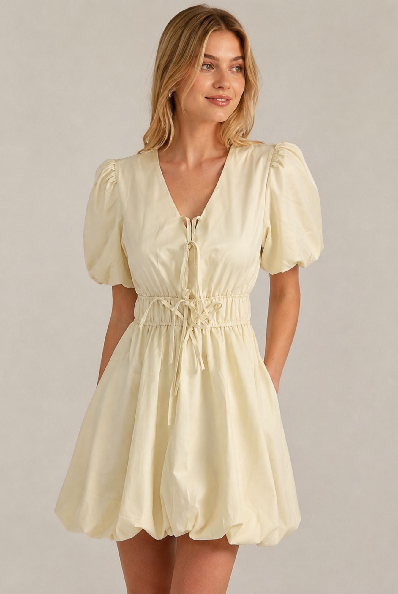 Cream Puff Sleeve Tie Front Ruched Waist Mini Dress AVCH-GLD26147