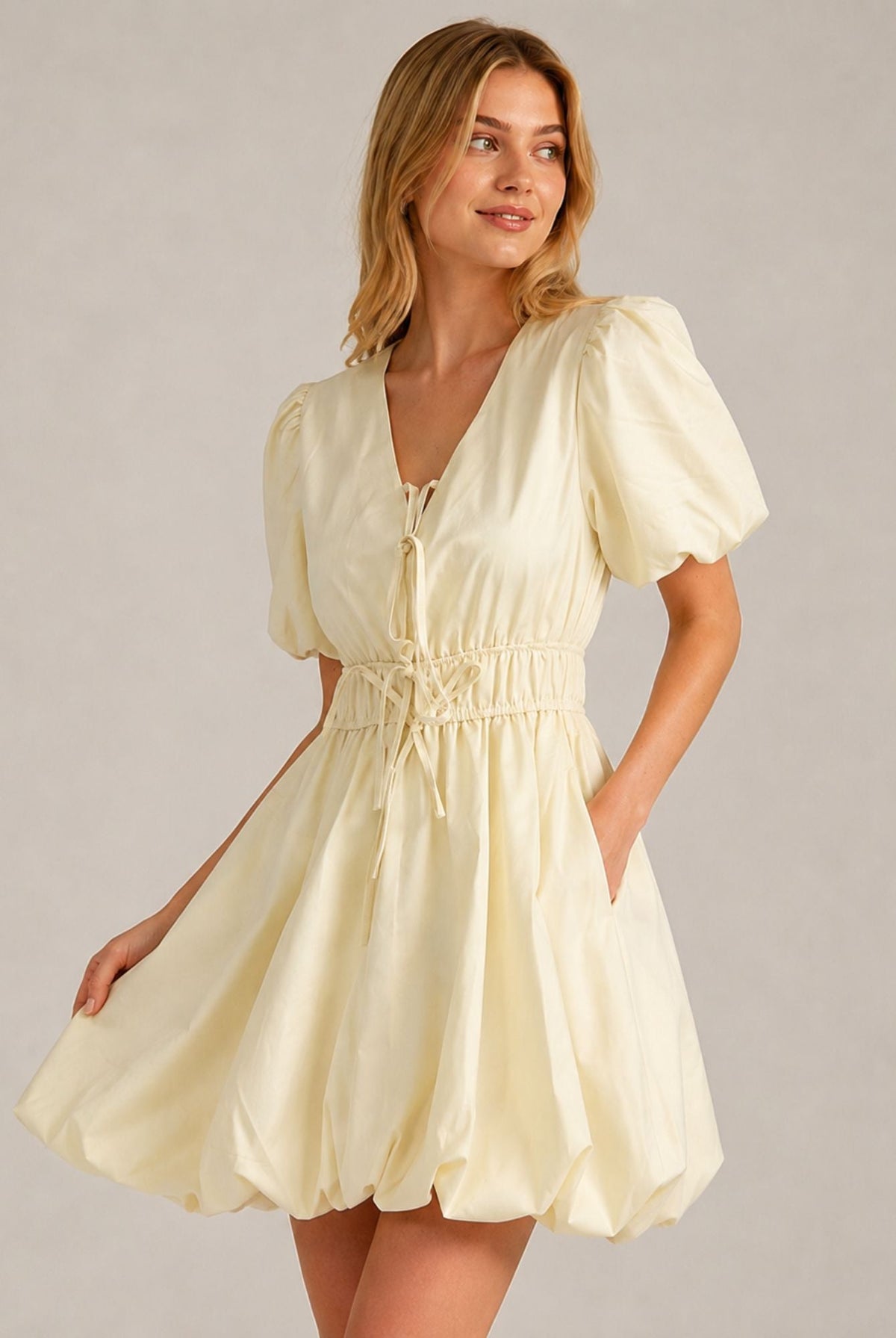 Cream Puff Sleeve Tie Front Ruched Waist Mini Dress AVCH-GLD26147