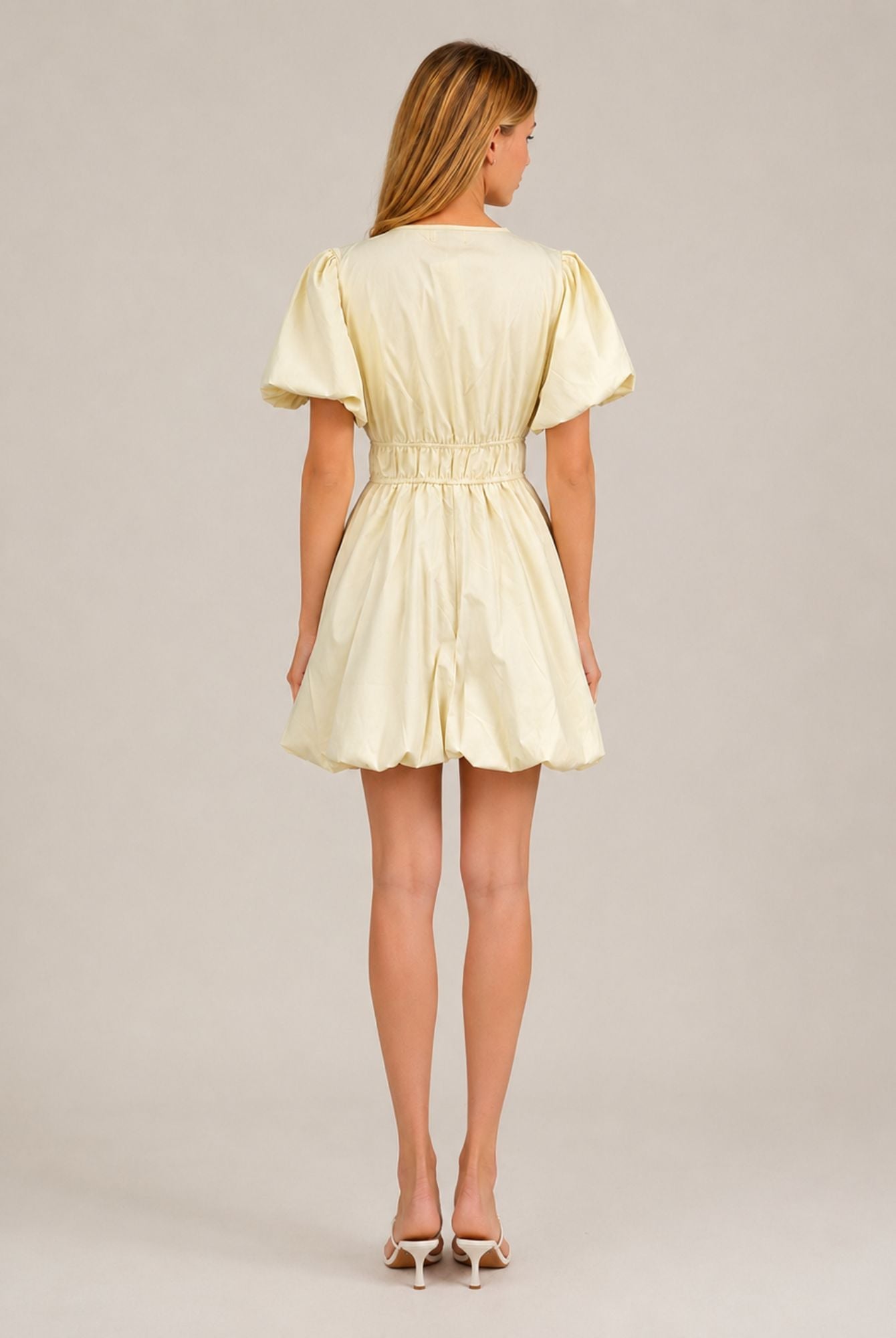 Cream Puff Sleeve Tie Front Ruched Waist Mini Dress AVCH-GLD26147