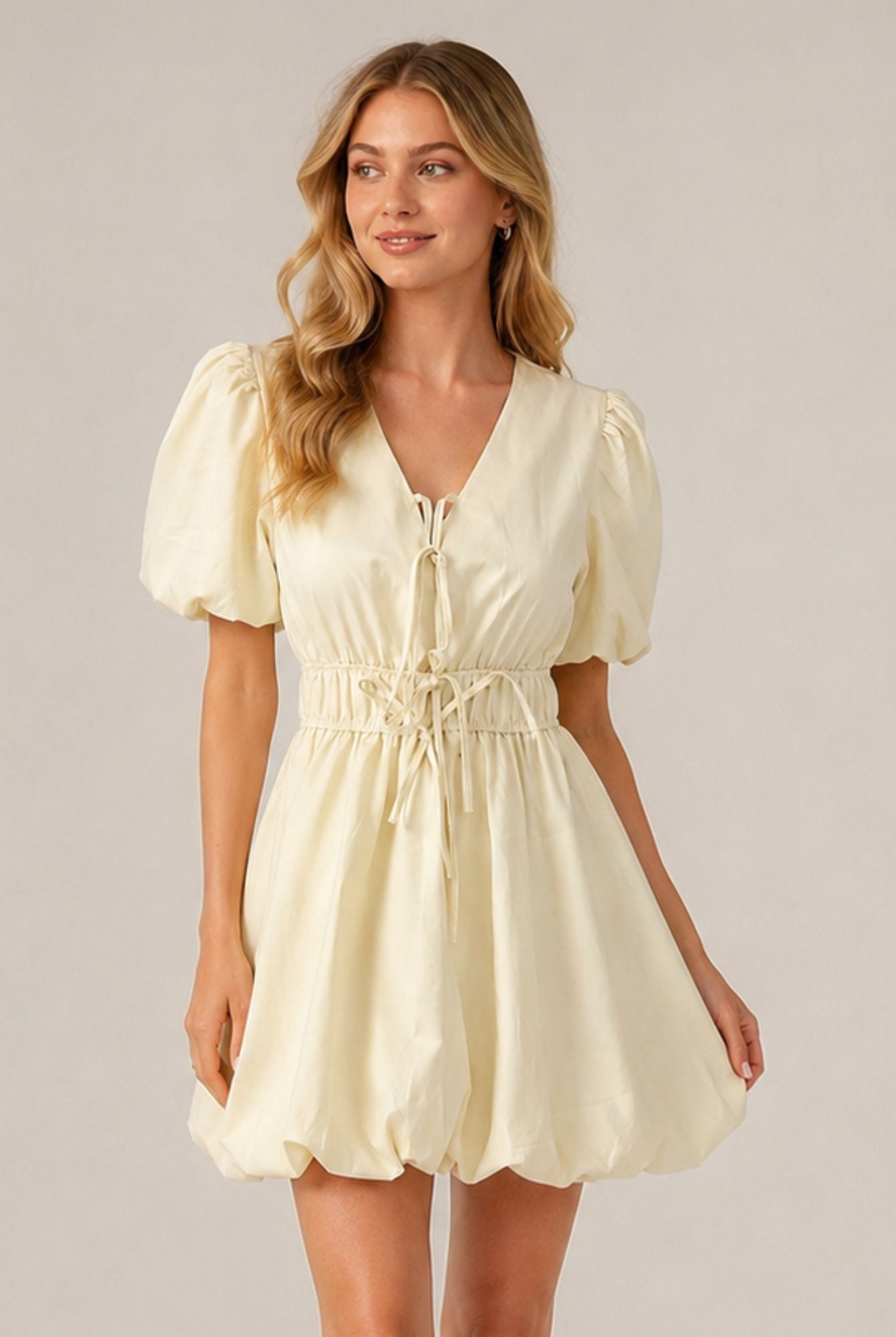 Cream Puff Sleeve Tie Front Ruched Waist Mini Dress AVCH-GLD26147