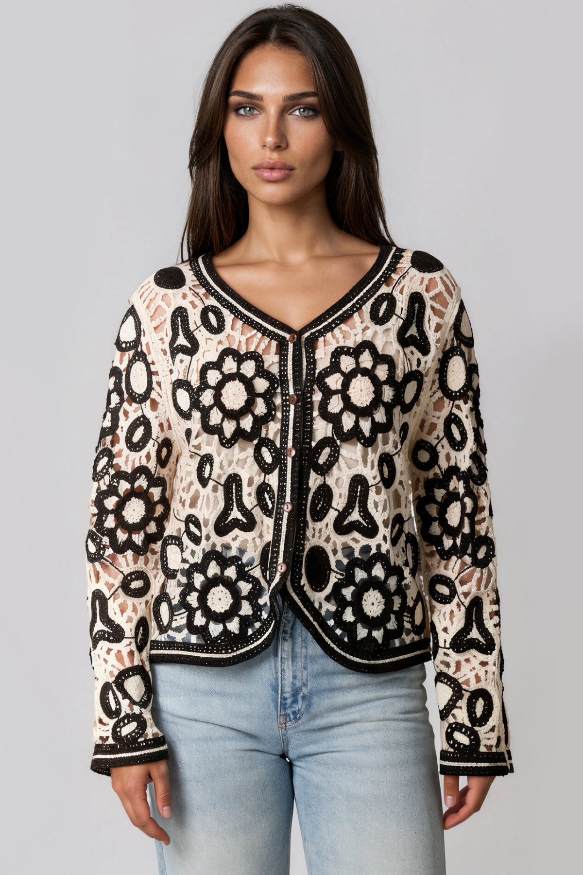 Black Floral Crochet Cardigan ALPK9017167