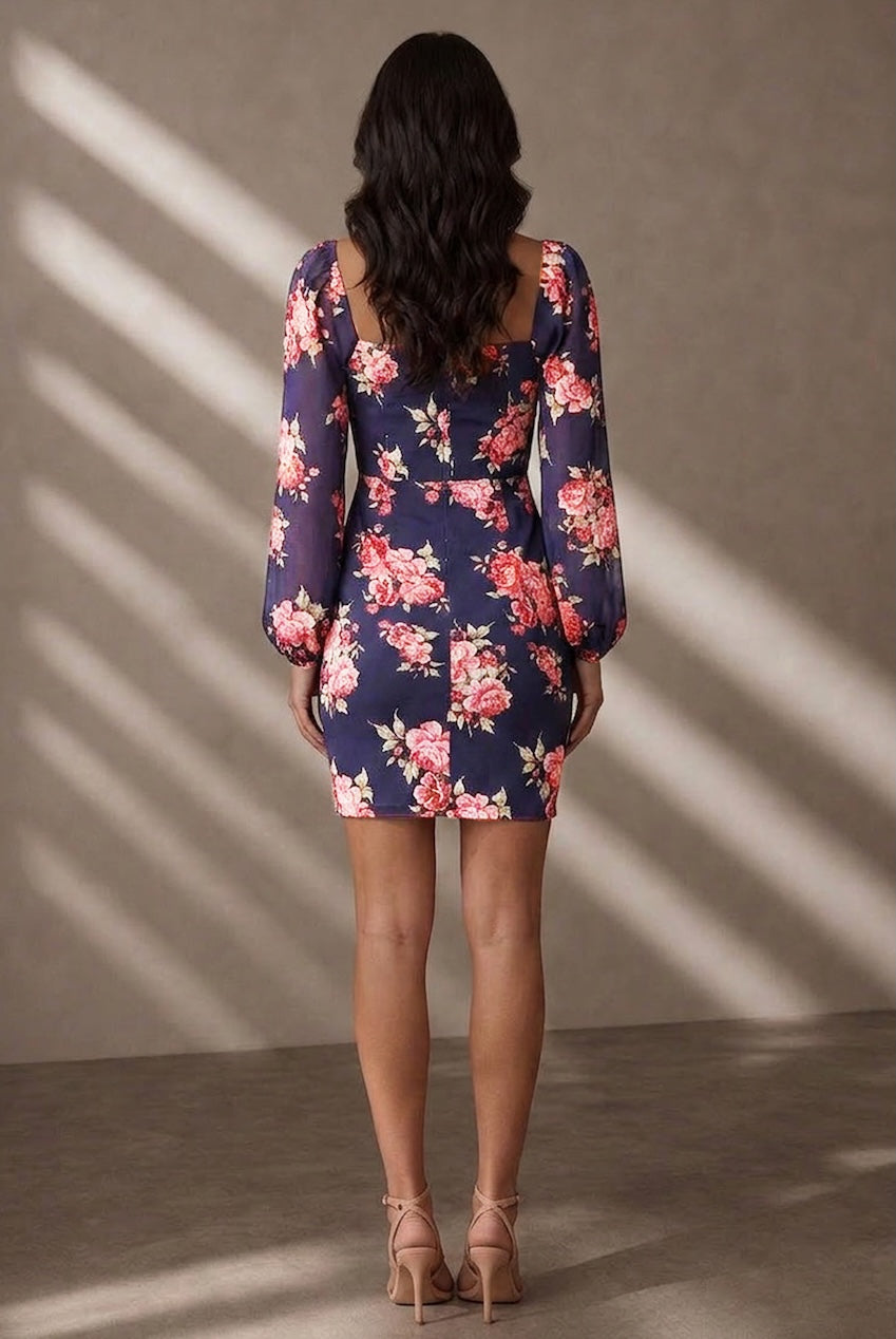 Balloon Sleeve Floral Bodycon Mini Dress In Navy D1NB