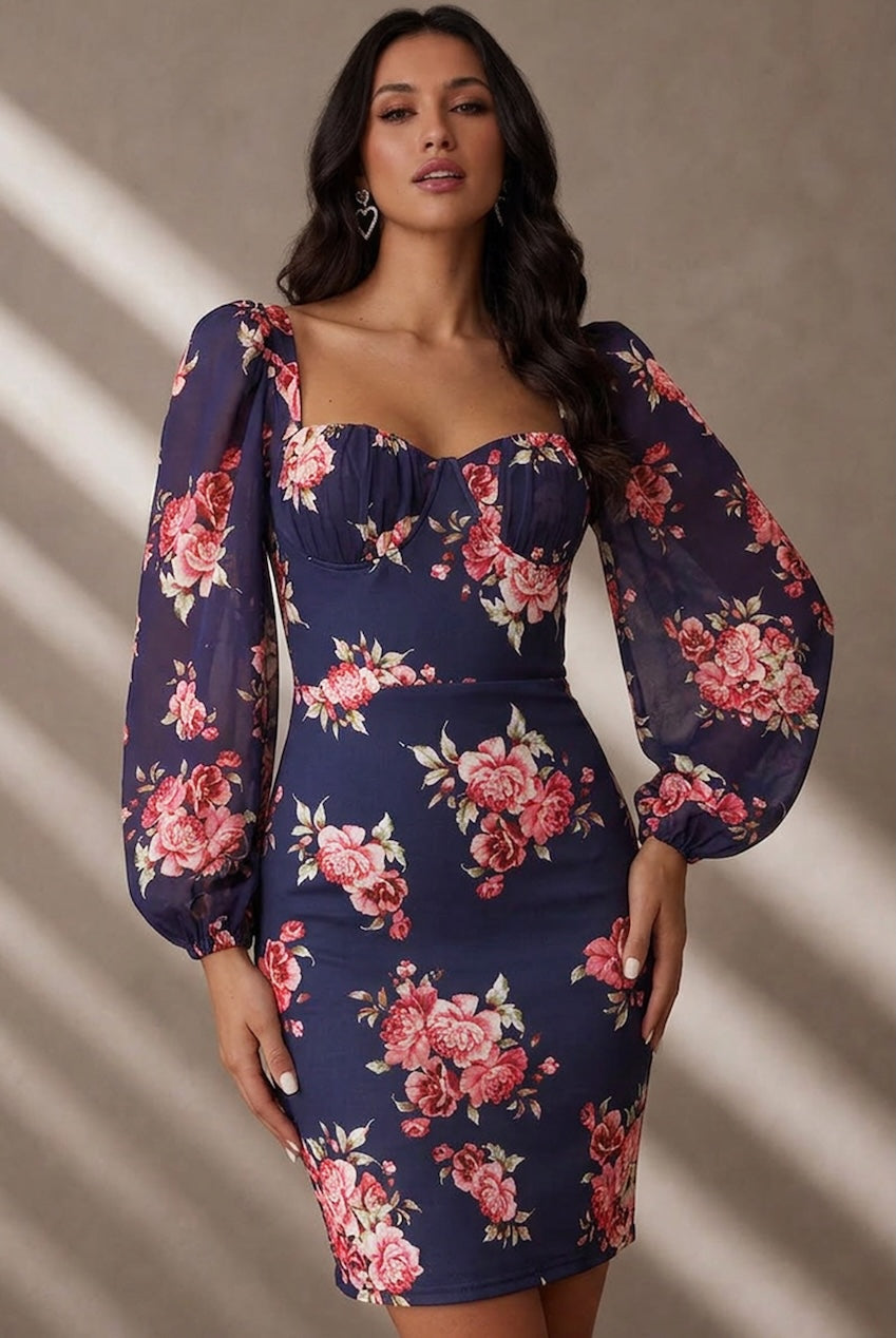 Balloon Sleeve Floral Bodycon Mini Dress In Navy D1NB