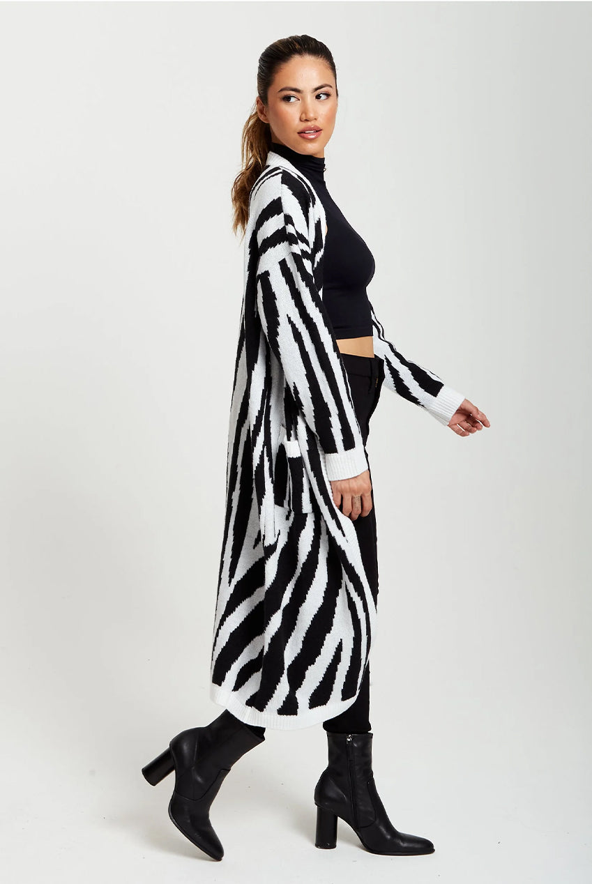 Longline Cardigan In Black And White Zebra Pattern D1-LIQ220204-A