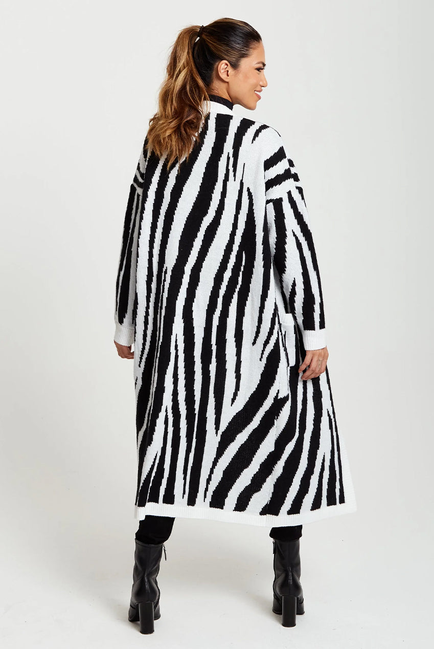 Longline Cardigan In Black And White Zebra Pattern D1-LIQ220204-A